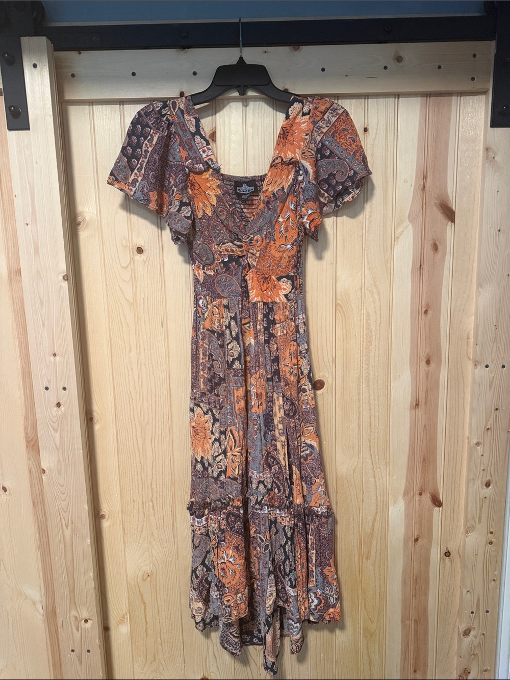 Bohemian Floral Paisley Maxi Dress in Orange and Brown